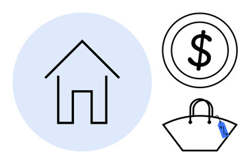 House within light blue circle, dollar sign coin, shopping bag with price tag. Ideal for concepts of home finance, budgeting, saving, real estate, consumerism shopping economics. Abstract line flat