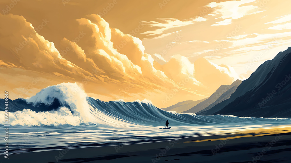 Poster serene beach with giant wave rolling at sunset creating a captivating and tranquil atmosphere. gener
