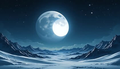 Serene Nightscape Of Mountains Under A Large Moon