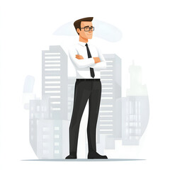 Graphic illustration of a man wearing business clothes and eyeglasses standing with his arms crossed in front of a light gray cityscape isolated on a white background