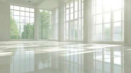 Bright Room With Large White Windows and Shiny Floor