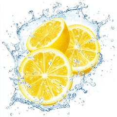 Juicy lemon slices splashing in water, white background, refreshing drink ad (1)