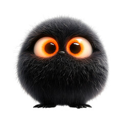 Fluffy 3D Cartoon Black Bird with Orange Eyes Isolated on Transparent Background