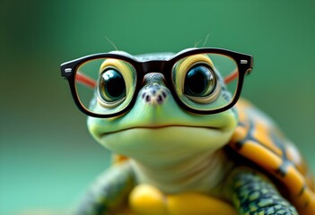 Obraz premium Cute Turtle Wearing Glasses Cartoon Illustration