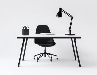 Minimalist black desk, chair, lamp, and stationery.