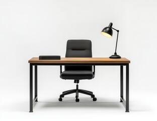 Fototapeta premium Modern minimalist home office desk setup with black chair and desk lamp.