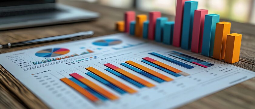 A photostock of multicolored 3D bar charts and graphs on paper, representing financial data and business performance