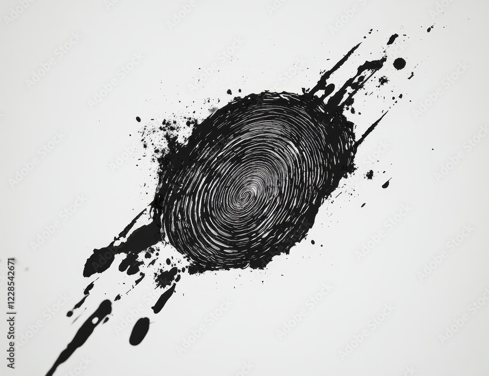 Poster abstract black fingerprint with ink splatters on a light grey background.