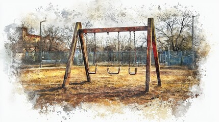 Empty playground swings at a deserted park in soft watercolor style