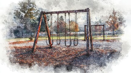 Empty Playground Swing Set in Artistic Watercolor Style