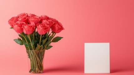 Obraz premium Beautiful pink tulips in a vase with blank card, perfect for expressing your sentiments