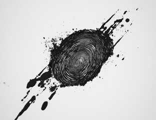 Abstract black fingerprint with ink splatters on a light grey background.