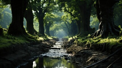 Fototapeta premium Enchanted Forest Stream: A Serene Path Through Lush Green Woods