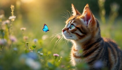 Obraz premium Adorable Kitten Watching Butterfly in Sunny Meadow