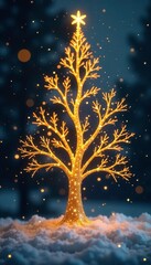 Sparkling golden abstract tree with glittering snowflakes and starlight, sparkling, festive