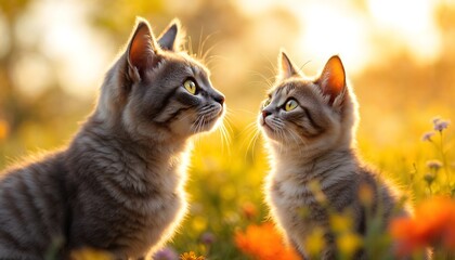 Adorable Kittens in Sunset Meadow Golden Hour Photography