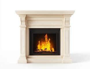 Naklejka premium Elegant cream marble fireplace with burning fire.