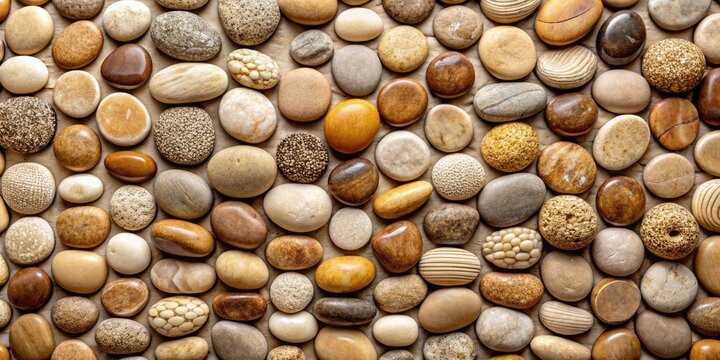 Close-Up of Natural Pebble Stone Wall Texture in Beige, Brown, and White - Perfect for Interior Design and Nature-Inspired Aesthetics