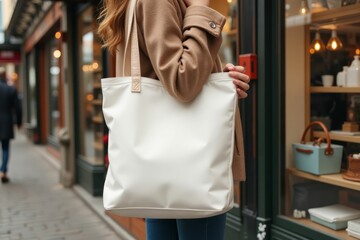 Woman holding a white tote bag on city street