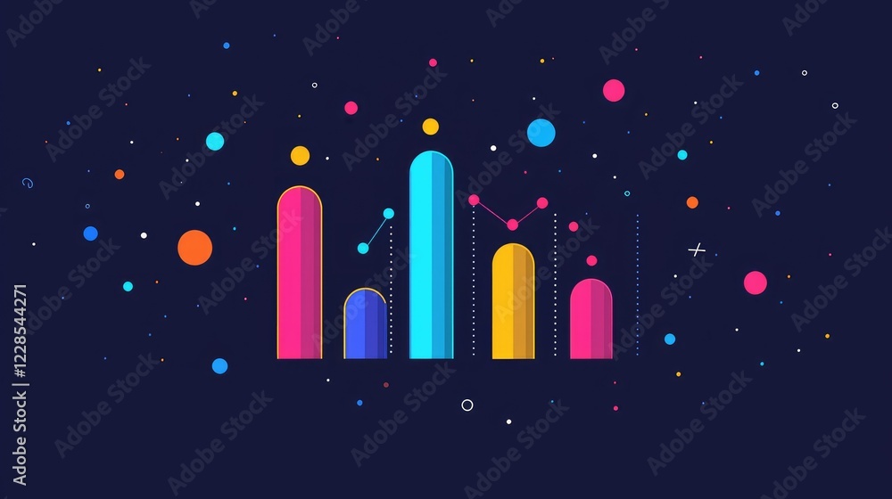 Poster colorful abstract data visualization with bars and dots on dark background