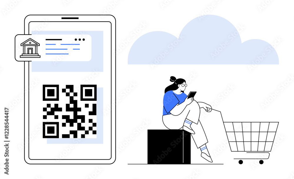 Poster qr code displayed on smartphone for secure payment, woman using mobile device near shopping cart, cl