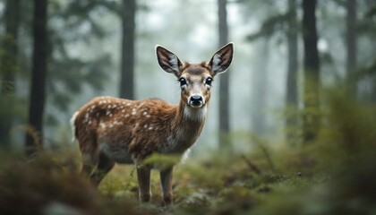 Young Deer in Misty Forest Wildlife Photography