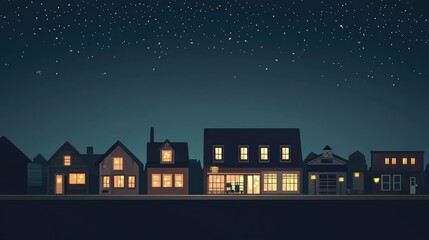 Fototapeta premium Nighttime Urban Scene with Illuminated Houses Under Starry Sky