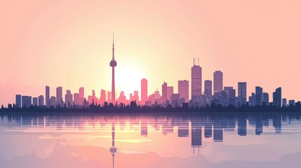 Obraz premium Vibrant Toronto Skyline Reflection at Sunset over Tranquil Water