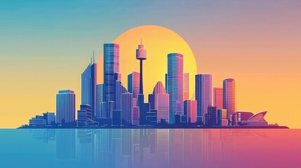 Fototapeta premium Vibrant City Skyline at Sunset with Colorful Gradient Background
