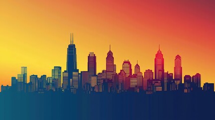 Vibrant Sunset Over City Skyline Illustration with Modern Architecture