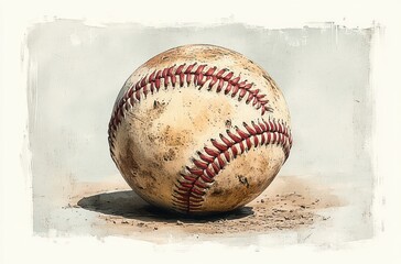 Vintage Baseball Illustration with Texture and Stitching Details Against Faded Gray Background