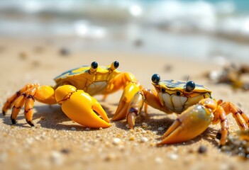 Fototapeta premium Adorable Yellow Crabs on Sandy Beach