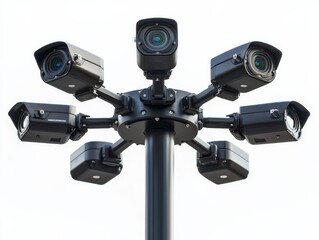 Six security cameras mounted on a pole against a white background.