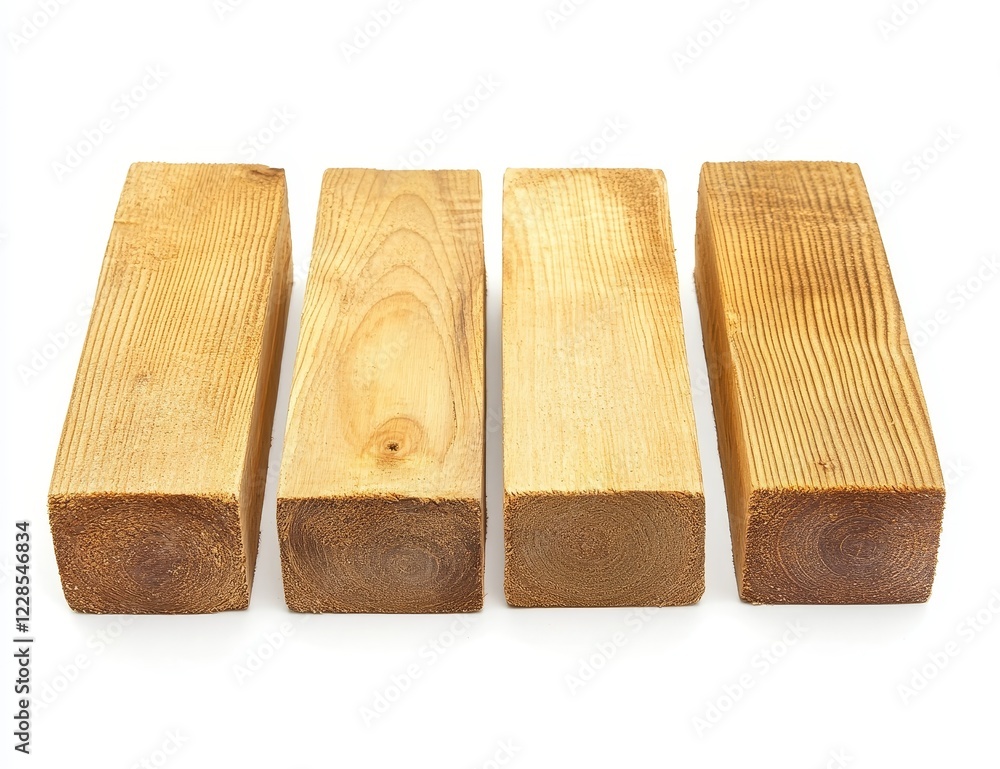 Poster four light brown rectangular wooden blocks isolated on white background.