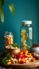 Pills vs. Natural Food, magazine photoshoot, with white tones