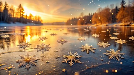 Naklejka premium Snowflakes gently falling on a frozen lake in winter with a warm golden light and a clear transparent background, snowfall, frosty landscape