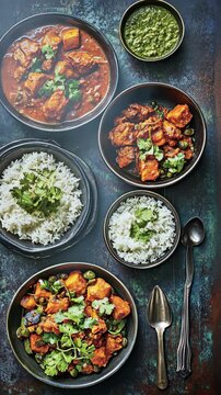 Delicious Indian curry dishes served with rice and chutney on a rustic table