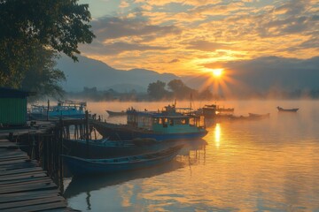 Fototapeta premium Sunset over a calm lake with reflections on the water