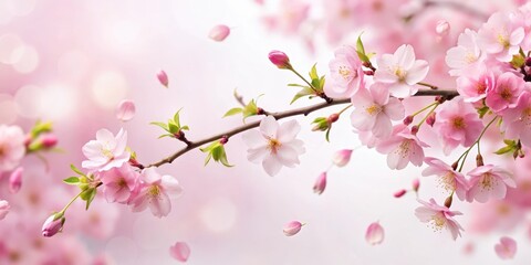 Fototapeta premium Delicate pink sakura petals gently falling from a blooming tree branch against a soft white background , blossom, cherry blossoms