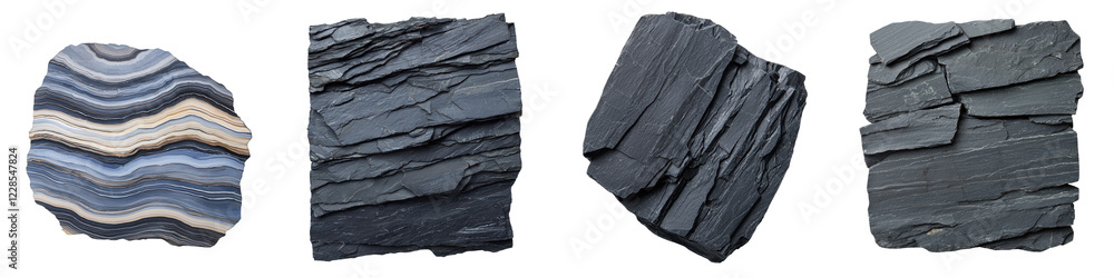 Poster closeup view of weathered layered slate rock formations in shades of grey black and white textured m