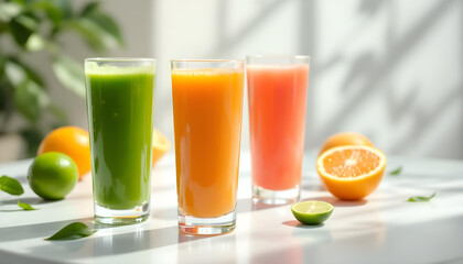 A clean and vibrant composition of fruit juices in glasses, surrounded by zesty citrus fruits and mint leaves for a refreshing, healthy vibe.