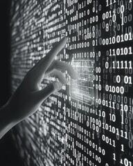 Hand Touching Binary Code Wall with Digital Data Visualization