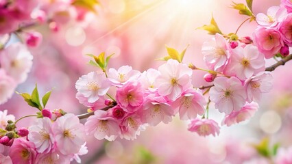 Obraz premium Vibrant pink cherry blossoms against a soft white background, with gentle morning light illuminating the delicate petals and subtle green foliage , cherry blossom, spring flowers
