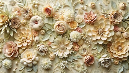 A elegant and ornate artificial flower wall in a distressed vintage style with intricate details and patterns, set against a soft cream-colored background , decorative wall, artificial floral wall