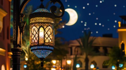 Obraz premium Colorful Lantern with Stars and Moon in Night Sky