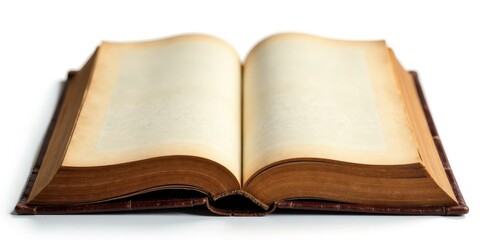 Obraz premium Open antique book, isolated on white Shows aged pages & texture , yellowed, object