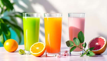 Fototapeta premium A clean and vibrant composition of fruit juices in glasses, surrounded by zesty citrus fruits and mint leaves for a refreshing, healthy vibe.