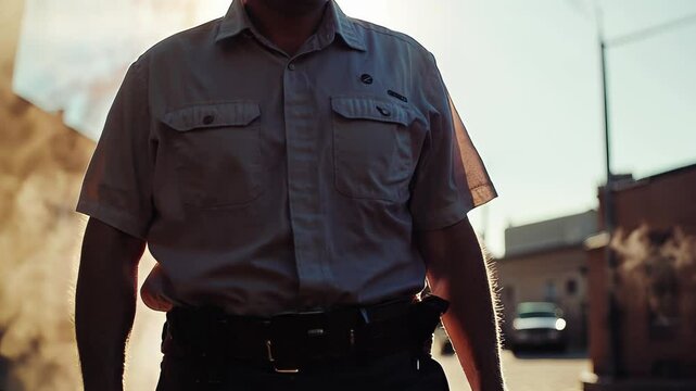 Rugged figure stands motionless in dusty street. Static camera position with subtle drift. Sunlight filters through dust particles. Slow blink, hand hovering near holster, slight tilt of hat brim.