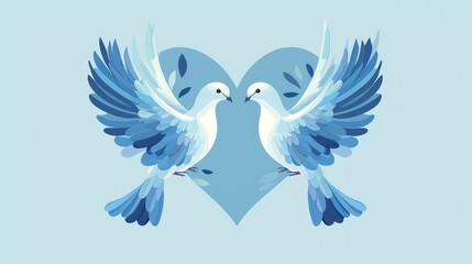Two Elegant Blue Doves with Heart Shape on Soft Blue Background