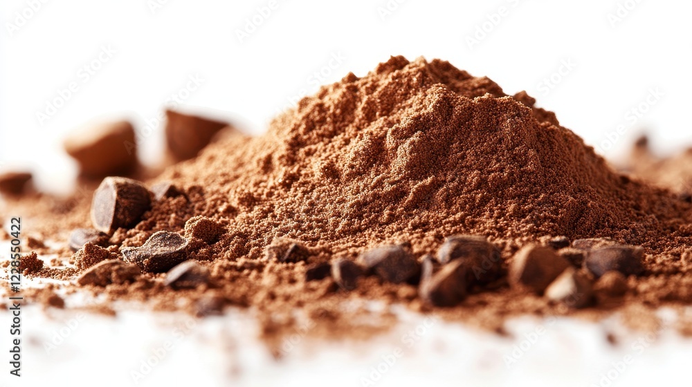 Poster a pile of cocoa powder with cocoa beans scattered around.